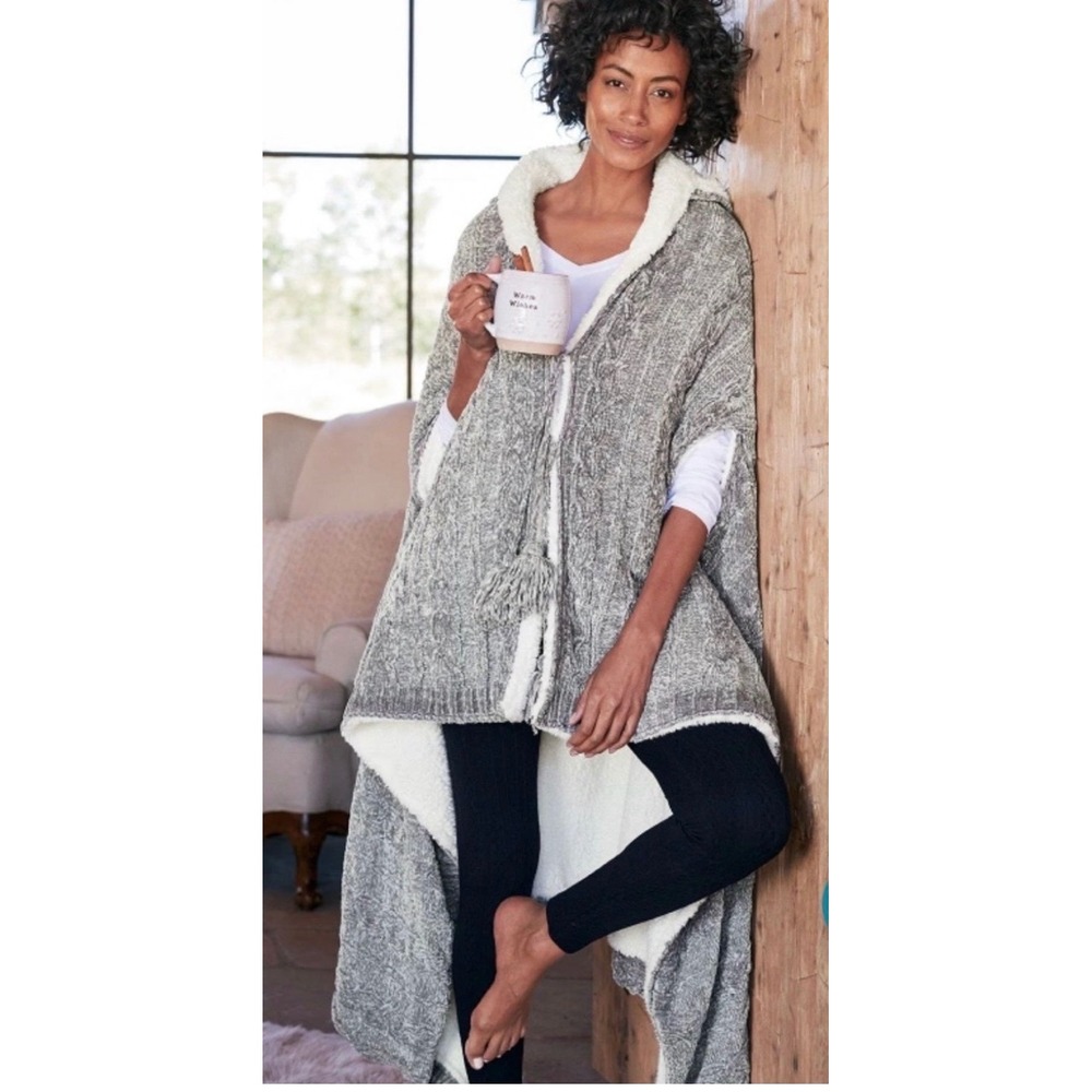 Chenille Sherpa Wearable Throw Soft Surroundings One Size Gray Sweater Tassles